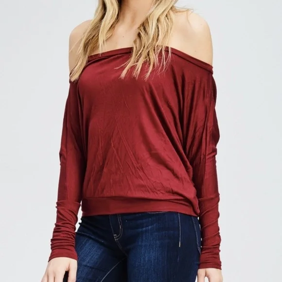 Wine Red Off Shoulder Boat Neck Long Sleeve Top - Picture 2 of 4